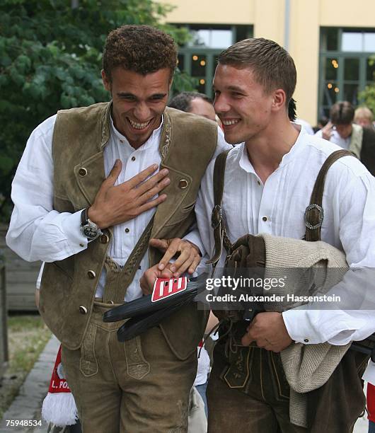Valerien Ismael and Lukas Podolski smile after the Bayern Munich team sponsor photocall at the Nockherberg on August 03, 2007 in Munich, Germany.