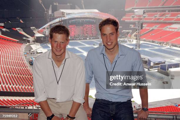 Prince Harry and Prince William pose as they inspect preparations prior to the Concert for Diana at Wembley Stadium on June 30, 2007 in London,...