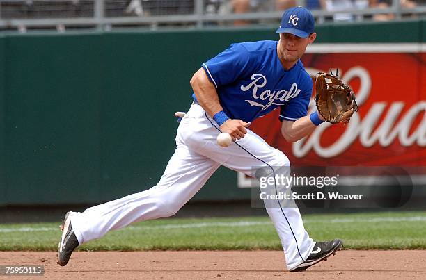 Alex Gordon of the Kansas City Royals fields a ground ball against the Texas Rangers at Kauffman Stadium in Kansas City, Missouri on July 29, 2007....