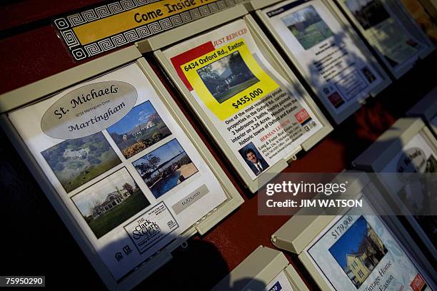 Real estate posting rest in a window of a local agents office in St. Michaels, Maryland, 01 August, 2007. St. Michaels is where US Pop star Michael...