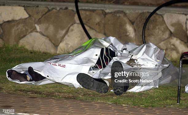 The bodies of victims lie on the ground outside the Park Hotel March 27, 2002 in Netanya, Israel. A Palestinian suicide bombing killed as many as...