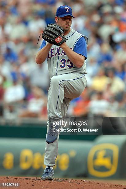 Kevin Millwood of the Texas Rangers pitches against of the Kansas City Royals at Kauffman Stadium in Kansas City, Missouri on July 28, 2007. The...