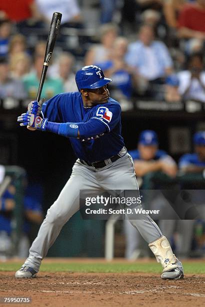 Sammy Sosa of the Texas Rangers bats against the Kansas City Royals at Kauffman Stadium in Kansas City, Missouri on July 27, 2007. The Royals...