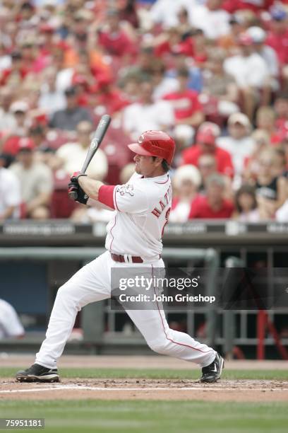 Scott Hatteberg of the Cincinnati Reds bats during the game against the San Francisco Giants at Great American Ball Park in Cincinnati, Ohio on July...