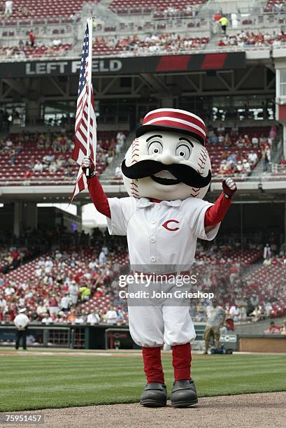 The Cincinnati Reds' mascot cheers during the game against the San Francisco Giants at Great American Ball Park in Cincinnati, Ohio on July 4, 2007....