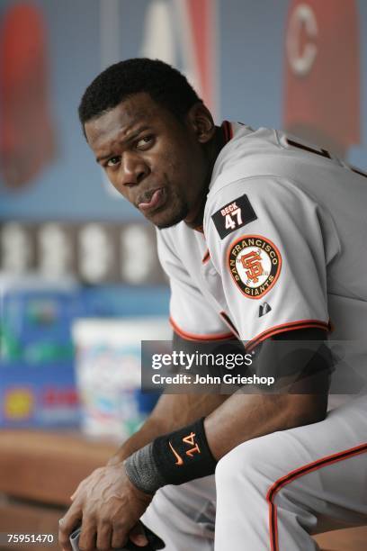 Candid portrait of Fred Lewis of the San Francisco Giants before the game against the Cincinnati Reds at Great American Ball Park in Cincinnati, Ohio...