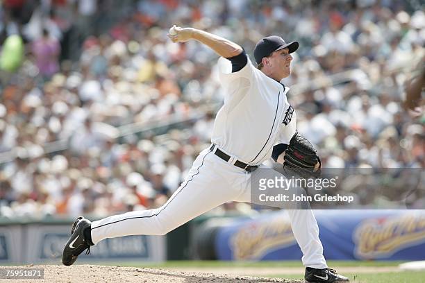 Zach Miner of the Detroit Tigers pitches during the game against the Boston Red Sox at Comerica Park in Detroit, Michigan on July 8, 2007. The Tigers...