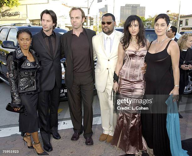 Jada Pinkett-Smith, Keanu Reeves, Hugo Weaving, Laurence Fishburne, Monica Bellucci and Carrie-Anne Moss of "The Matrix Reloaded," May 2003