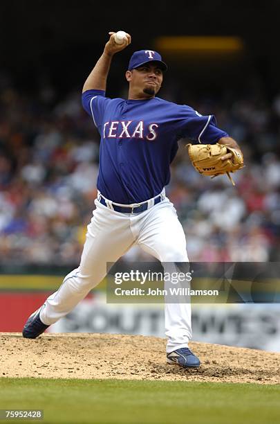 Joaquin Benoit of the Texas Rangers pitches during the game against the Baltimore Orioles at Rangers Ballpark in Arlington in Arlington, Texas on...