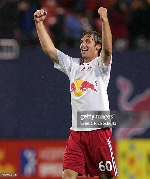 New York Red Bulls' Jeff Parke reacts after teammate Clint Mathis scored in the 51st minute against the Columbus Crew in an MLS game at Giants...