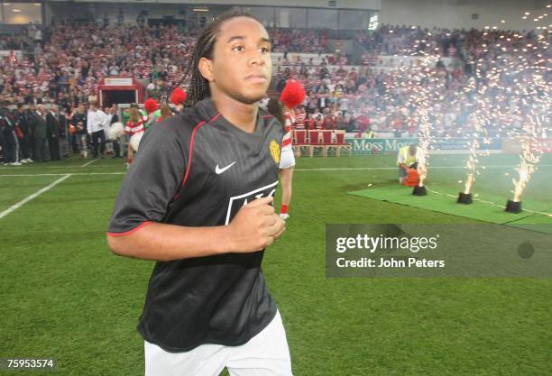 Anderson of Manchester United runs out ahead of the pre-season friendly match between Doncaster Rovers and Manchester United at Keepmoat Stadium on...