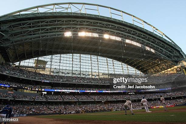General view of Miller Park taken during the game between the Milwaukee Brewers and the San Francisco Giants during a Major League Baseball game at...