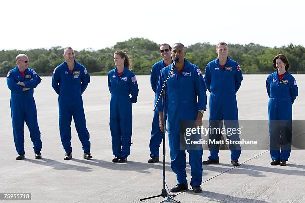 Mission specialist Alvin Drew Jr. Speaks as Space Shuttle Endeavour astronauts, mission specialists former teacher Barbara R. Morgan, Canadian Space...