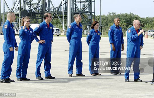 Space shuttle Endeavour Commander Scott Kelly for mission STS-118 says a few words 03 August 2007 upon arrivall with the rest of his crew at Kennedy...