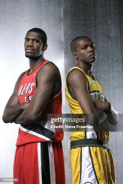 Greg Oden of the Portland Trail Blazers and Kevin Durant of the Seattle SuperSonics pose for a portrait during the 2007 NBA Rookie Photo Shoot on...