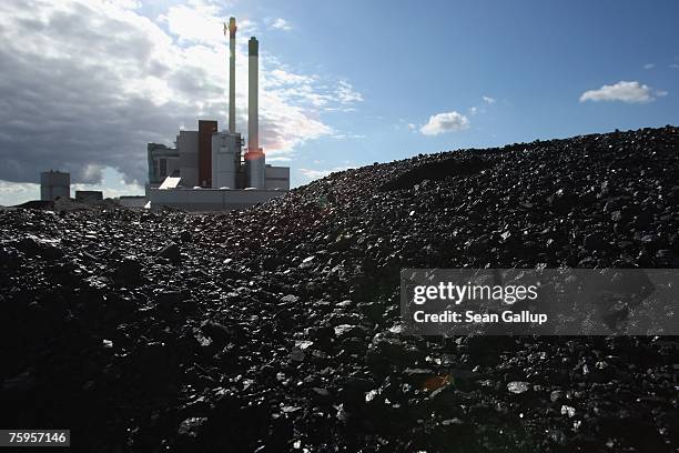 The coal and garbage burning power plant of Statdtwerke Nuemuenster stands behind a mound of coal August 3, 2007 in Nuemuenster, Germany. The plant,...