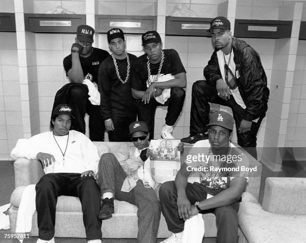 Rap group N.W.A. Pose with rappers The D.O.C. And Laylaw from Above The Law backstage at the Kemper Arena during their 'Straight Outta Compton' tour...