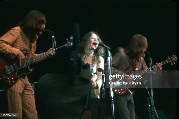 Singer Janis Joplin of the bblues/rock band Big Brother and the Holding Company performs at the Monterey Pop Festival at the Monterey County...