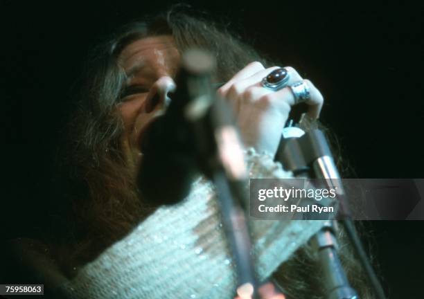 Singer Janis Joplin of the bblues/rock band Big Brother and the Holding Company performs at the Monterey Pop Festival at the Monterey County...