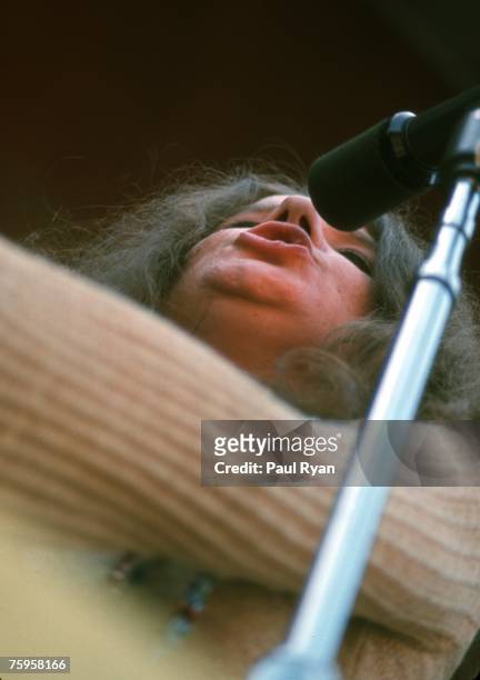 Singer Janis Joplin of the bblues/rock band Big Brother and the Holding Company performs at the Monterey Pop Festival at the Monterey County...