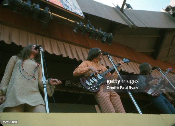 Singer Janis Joplin of the bblues/rock band Big Brother and the Holding Company performs at the Monterey Pop Festival at the Monterey County...