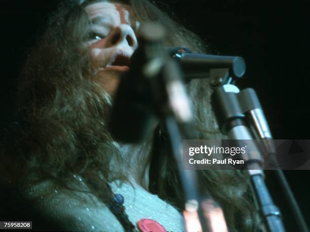 Singer Janis Joplin of the bblues/rock band Big Brother and the Holding Company performs at the Monterey Pop Festival at the Monterey County...