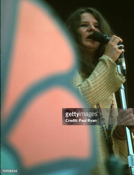 Singer Janis Joplin of the bblues/rock band Big Brother and the Holding Company performs at the Monterey Pop Festival at the Monterey County...