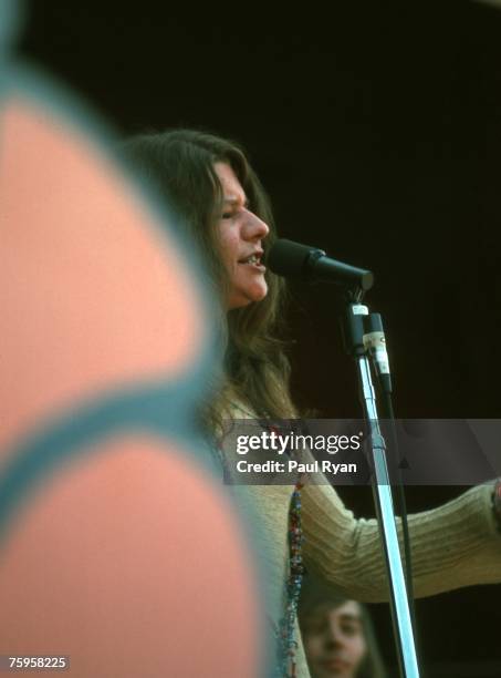 Singer Janis Joplin of the bblues/rock band Big Brother and the Holding Company performs at the Monterey Pop Festival at the Monterey County...