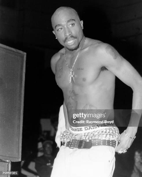 Rapper and actor Tupac Shakur performs in September 1994 in Chicago, Illinois.