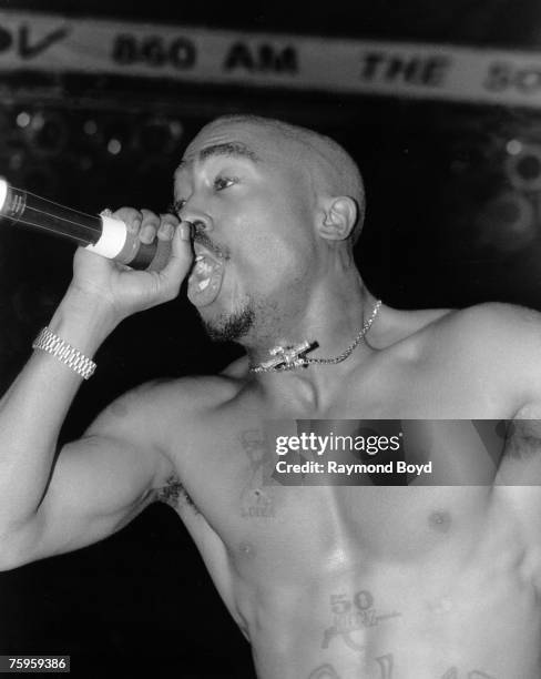 Rapper and actor Tupac Shakur performs in September 1994 in Chicago, Illinois.