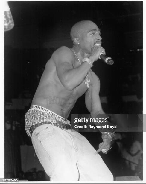 Rapper and actor Tupac Shakur performs in September 1994 in Chicago, Illinois.