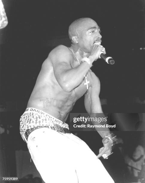 Rapper and actor Tupac Shakur performs in September 1994 in Chicago, Illinois.