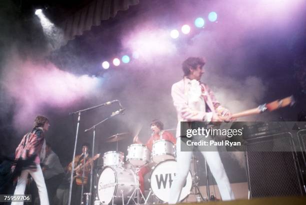 Singer Roger Daltrey, bassist John Entwistle, guitarist Pete Townshend and drummer Keith Moon the rock and roll band "The Who" perform on stage at...