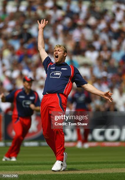 Andrew Flintoff of Lancashire appeals during the Twenty20 Cup Semi Final match between Gloucestershire Gladiators and Lancashire Lightning at...