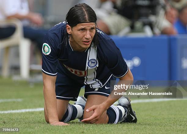 Marko Pantelic of Berlin looks on during the German Football Association Cup first round match between SpVgg Unterhaching and Hertha BSC Berlin at...