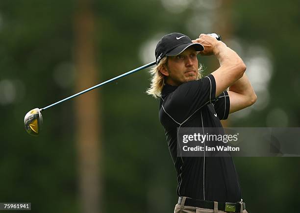 Christopher Hanell of Sweden in action during the 3rd round of the Russian Open Golf Championship at the Moscow Country Club August 4, 2007 in...