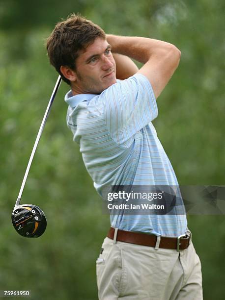 Adam Gee of England in action during the 3rd round of the Russian Open Golf Championship at the Moscow Country Club August 4, 2007 in Moscow, Russia.