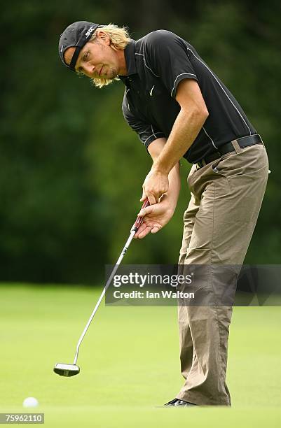 Christopher Hanell of Sweden in action during the 3rd round of the Russian Open Golf Championship at the Moscow Country Club August 4, 2007 in...