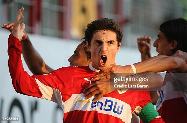 Roberto Hilbert of Stuttgart celebrates scoring the third goal during the German Football Association Cup first round match between SV...