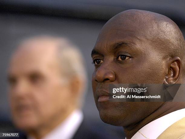 Thurman Thomas waits to take the stage with Buffalo Bills owner Ralph Wilson during the Class of 2007 Pro Football Hall of Fame Enshrinement Ceremony...