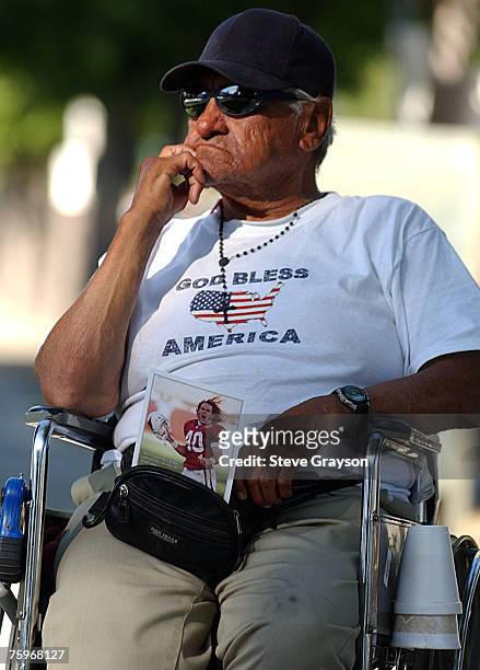 Paul Arellano looks on after a memorial service honoring Pat Tillman at the San Jose Municipal Rose Garden May 3, 2004.