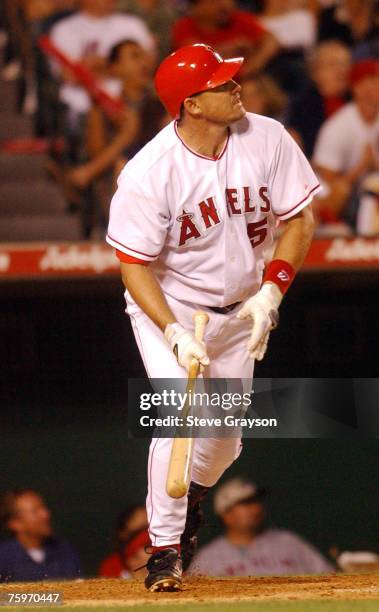 Tim Salmon of the Anaheim Angels watches the flight of his two run homer off Johan Santana.