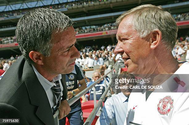 Chelsea's Portugese Manager Jose Mourinho and Manchester United's Manager Sir Alex Ferguson greet each other before their F.A Community Shield match...