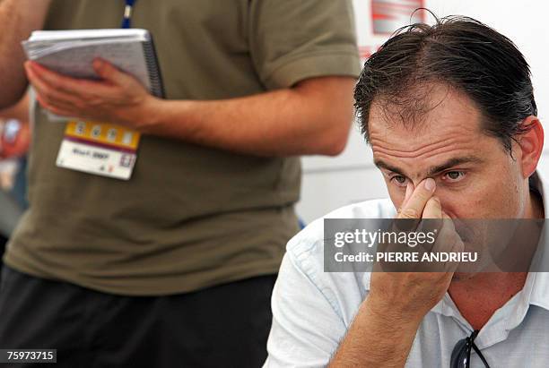 French Franck Chevallier, France Athletics Federation technical manager, speaks to the journalists at the end of the French Athletics Championships,...
