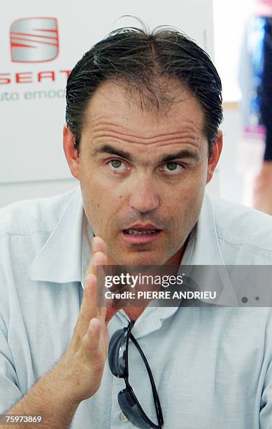 French Franck Chevallier, France Athletics Federation technical manager, speaks to the journalists at the end of the French Athletics Championships,...