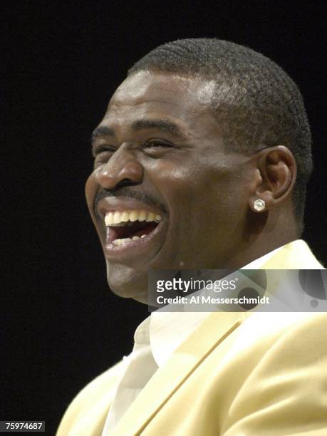 Michael Irvin laughs at a comment during a Pro Football Hall of Fame Festival Enshrinees Roundtable on August 5, 2007 in Canton, Ohio.
