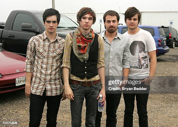 Singer/Guitarist Brendon Urie, Guitarist Ryan Ross, Bassist Jon Walker and Drummer Spencer Smith of Panic! At the Disco backstage at the Virgin...