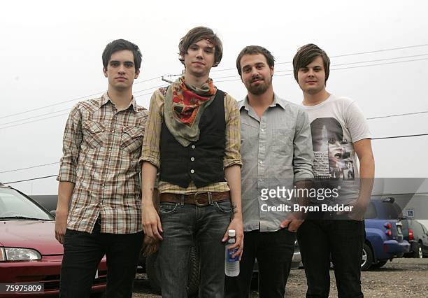 Singer/Guitarist Brendon Urie, Guitarist Ryan Ross, Bassist Jon Walker and Drummer Spencer Smith of Panic! At the Disco backstage at the Virgin...