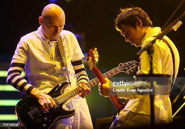 Singer/Guitarist Billy Corgan and Guitarist Jeff Schroeder of Smashing Pumpkins perform onstage at the Virgin Festival By Virgin Mobile 2007 at...