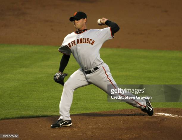 Noah Lowry of the San Francisco Giants delivers a pitch against the Los Angeles Dodgers during their contest at Dodger Stadium on April 25, 2007 in...